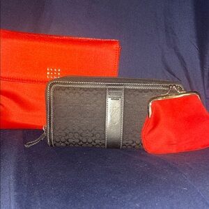 Coach Black Signature Zip Wallet with Red Coin Purse and Red Lancôme Accent bag